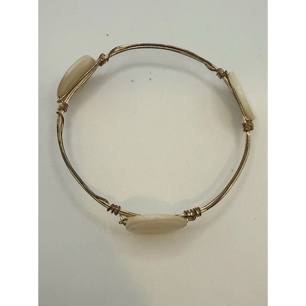Wire Wrapped Bangle Bracelet Cream Stone Or Shell Size 7.75